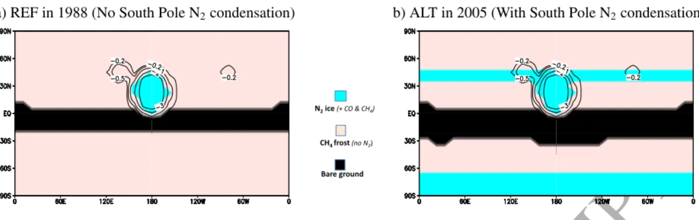 Figure 1: Maps of surface ice distribution and topography at the beginning of the reference and alternative simulations presented in this paper