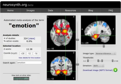 Fig. 3.1.: Neurosynth: Neurosynth webpage (http://neurosynth.org) displaying an exam- exam-ple of automated meta-analysis performed for the term emotion