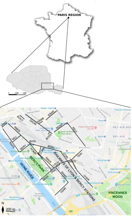 Figure 1 :  Localisation de la zone d’étude  au sein de Paris, dans le quartier de  Bercy,  au 12 ème arrondissement