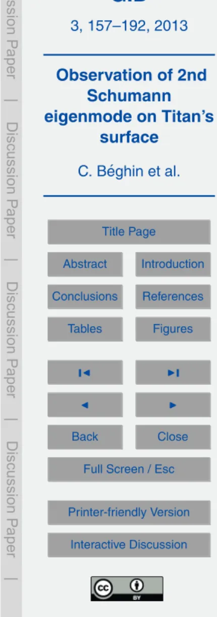 Table 1. Comparison of peculiarities of the Schumann resonances on Earth and Titan (after B ´eghin et al., 2012).