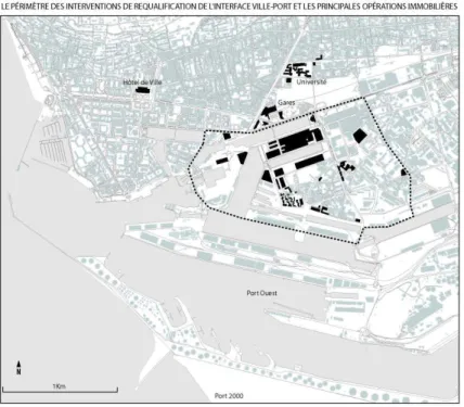 Figure 2. Le périmètre des interventions de requalification de l’interface ville/port et les principales opérations immobilières.