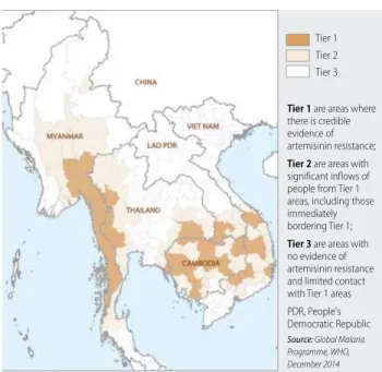 Figure 6.9 Areas, or tiers, of diﬀering risks of artemisinin resistance,  South-East Asia, December 2014