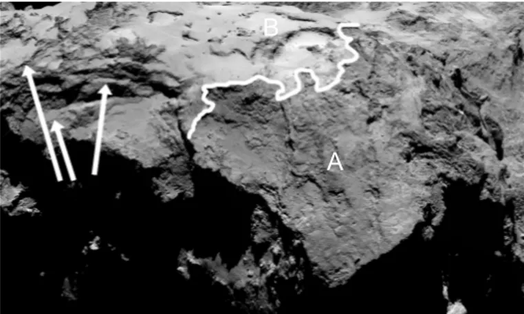 Fig. 8. View of the boundary of Apis and Ash. Ash (the area near B) shows smooth terrain with outcrops and exposures of more  consol-idated material beneath