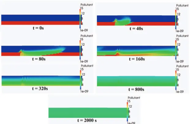 Figure 6. Snapshots of the tracer concentration in a raceway set into motion by a paddlwheel of angular velocity ω = 0.85rad/s