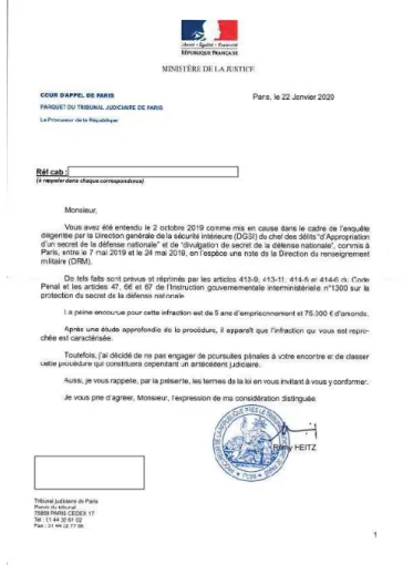 Figure 3- Lettre du procureur de la République du parquet de Paris adressée à Geoffrey Livolsi et  Mathias Destal
