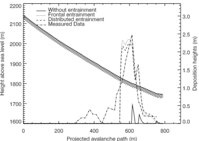 Fig. 11. Deposit simulations of a small avalanche (Pizzac event of 5 March 1999) using the NIS Norwegian model