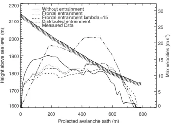 Fig. 7. Flow height simulations of a small avalanche (Pizzac event of 5 March 1999) using the Voellmy-fluid model
