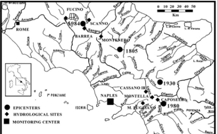 Fig. 1. Sketch map of southern Italy illustrating the Monitoring Center in Naples and the mentioned hydrological sites