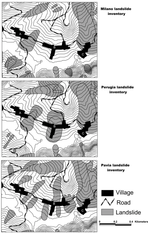Fig. 6. Comparison of the three landslide inventory maps in a portion of the basin area where three small villages (A, B and C) are located.