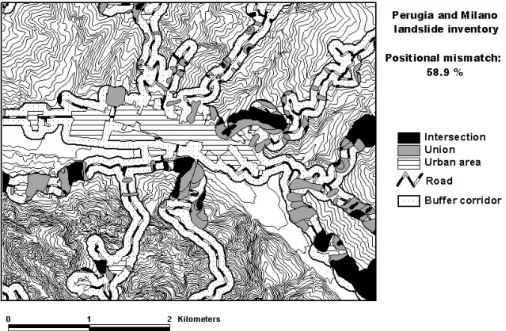 Fig. 7. Portion of the Staffora Basin. Comparison of the Milano and Perugia inventory maps confined to the slopes located within a distance of less than 100 m from roads and villages.