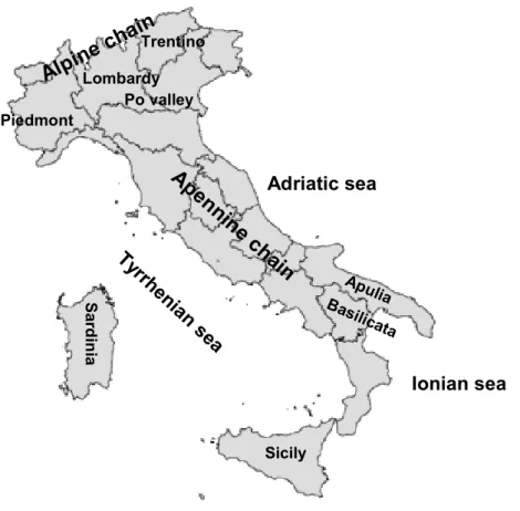 Fig. 1. Italian territory with the regional administrative boundaries and the name of principal locations cited in the text.