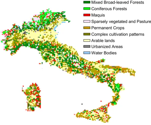 Fig. 2. Land cover map obtained from Corine 2000 by recoding the original III level (http: