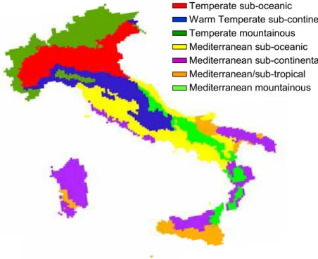 Fig. 4. Map of climate regions obtained by resampling the classified climate from CNCP at 8 km (http://www.soilmaps.it/ita/downloads.html).