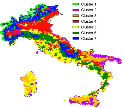 Fig. 10. Clusters representative of the main phenological patterns obtained by applying fuzzy k-means algorithm to the intra-annual NDVI averaged from 1983–1993–2003 data.