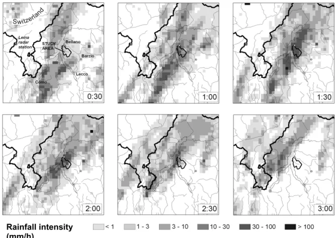Fig. 4. Radar maps of rainfall intensity at 30 min time interval from 00:30 LT to 03:00 LT of 28 June 1997