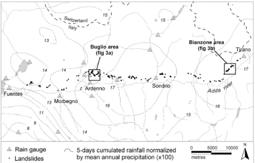 Fig. 2. Map of the study area. The landslide distribution and the maximum 5 days cumulative rainfall, normalised by mean annual precipitation, for the November 2000 event, are reported.
