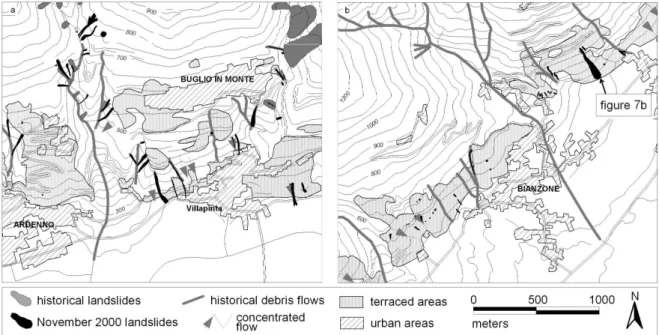 Fig. 3. (a) Landslide maps for the Buglio area. (b) Landslide map for the Bianzone area