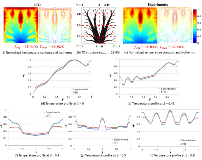 Figure 12: Normalized steady state temperature measurement for the topology optimized structure with φ max = 28.6 % and T 0 = 0 ◦ C .