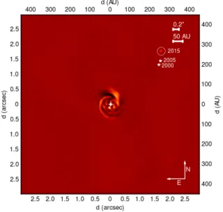Fig. C.1. Wide field view of MWC 758 from our L’-band 2015 data. A source is detected at 2 00