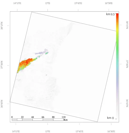 Figure 4. The volcanic cloud elevation (km), extracted from Landsat 8 orthorectified image