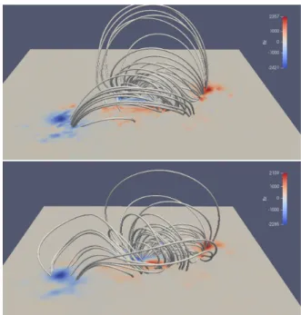 Fig. 2. Morphology of the 3D magnetic field of NOAA AR 11158 on 06:28 UT of 14 February 2011, for the potential (top panel) and the NLFF (bottom panel) extrapolation, as described in Sect