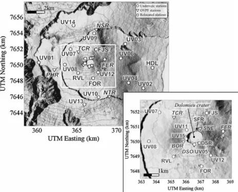 Figure 1. Seismic network of Piton de la Fournaise volcano. The permanent stations of the Observatoire Volcanologique du Piton de la Fournaise (OVPF) are indicated by triangles and the ones installed for the UnderVolc project by circles