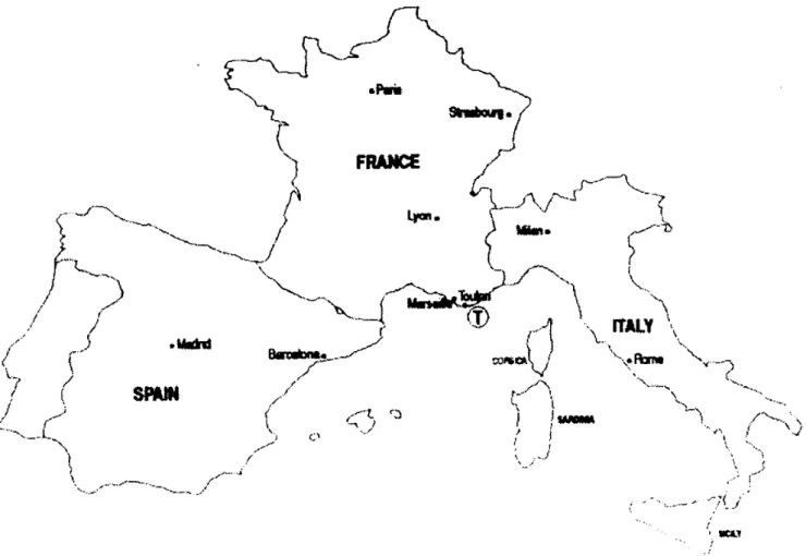 Fig. 3. Experimental site on the French MediterraneanCcoast. The site of experiments is marked by the symbol T .