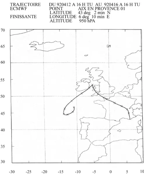 Fig. 5. Four day back trajectories, start- start-ing at 950 hPa for a local northwest wind