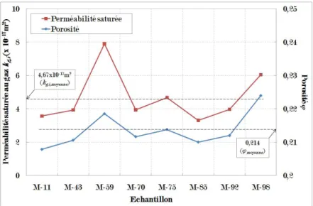 Figure II.7 – Porosité et perméabilité saturée au gaz des échantillons du mortier de référence