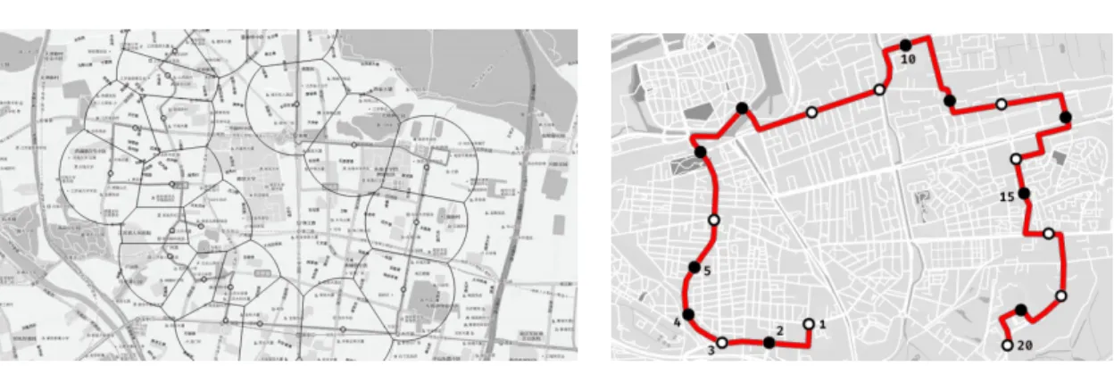 Figure 2.4 – A gauche, les arrêts de bus sont positionnés selon des densités de population modélisées par des polygones de Thiessen [171]