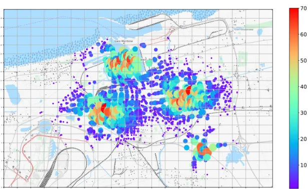 Figure 3.3 – Modélisation de quatre clusters home dans Calais. La couleur indique le nombre d’agents au départ d’un noeud lors d’une simulation.