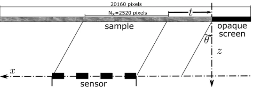 Fig. 8. Scheme of the simulated setup where a part of the sample is masked by an opaque screen placed at a distance t of the sensor edge projected in the sample plane along the direction of incident light.