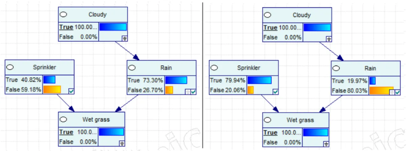 Figure 3.3 – Inference results of Example 1-2: left (a) virtual evidence 10% rain, 90% no rain;