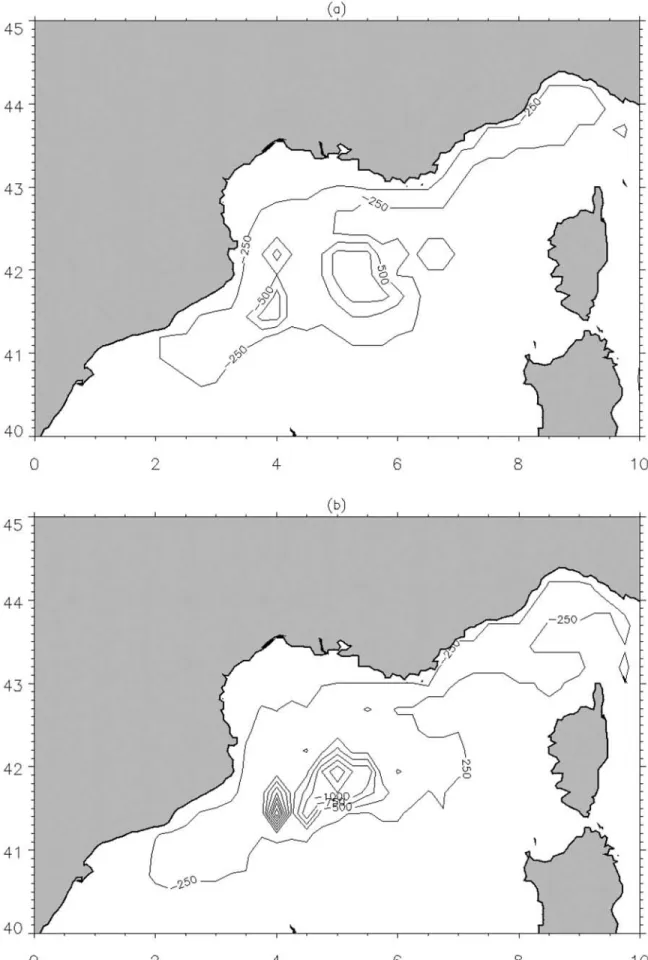 Figure 13. Mixed layer maximum depth in the northwestern Mediterranean Sea for year 101 of the simulation: (a) KVIS and (b) WD
