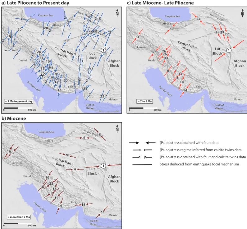 Figure 10. Topographic map of Iran (SRTM 30) with orientation of the principal stress (azimuth of σ 1 ) for (a) present day, (b) Miocene, and (c) intermediate period (late Miocene to late Pliocene)