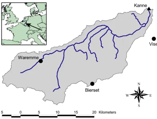 Figure 3. Map of the Geer catchment, showing various measurement stations. 