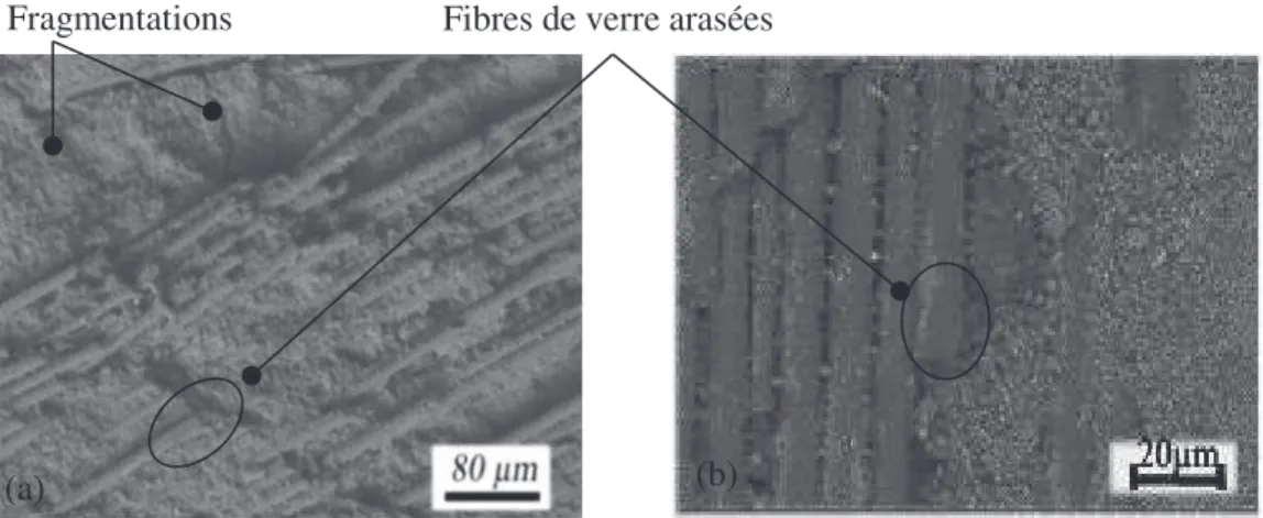 Figure I-10. Paquets de fibres de verre emérgeant à la surface et piégeage de poudre de  troisème corps (MEB-BSE) 