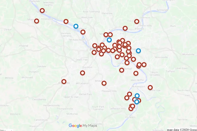 Figure 2. Map of ground sites in the Pittsburgh area. Blue dots represent sites of regulatory-grade monitors used in the analysis, while red dots represent sites of low-cost sensor deployments