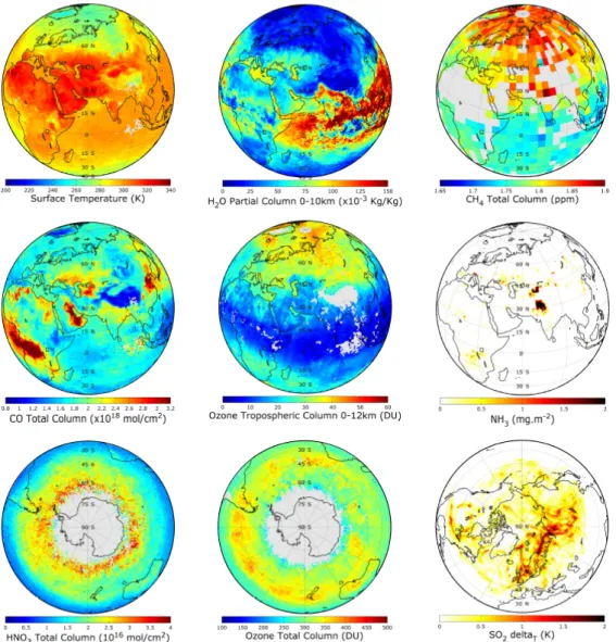 Fig. 4. Distributions as retrieved from IASI, averaging over ten days of observations in August 2008 (18–28)