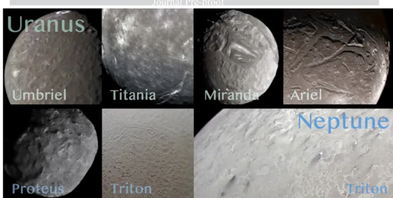 Figure 5 Best-resolution (roughly ~1 km/px) imagery of terrains seen in the moons of Uranus (top row) and Neptune (lower row)  by Voyager 2
