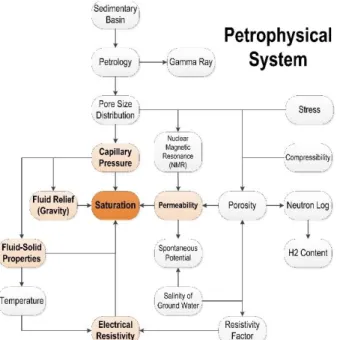 Figure 2. Interrelations between petrophysical features. Water  saturation and directly related features are highlighted by color and bold 