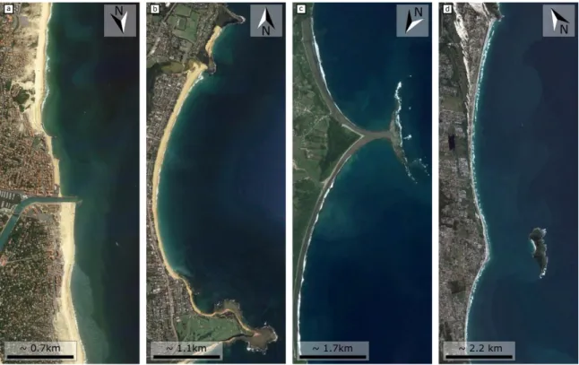 Figure 1. Examples of sandy coastlines with different, complex, geometries enforced by the geological settings (e.g