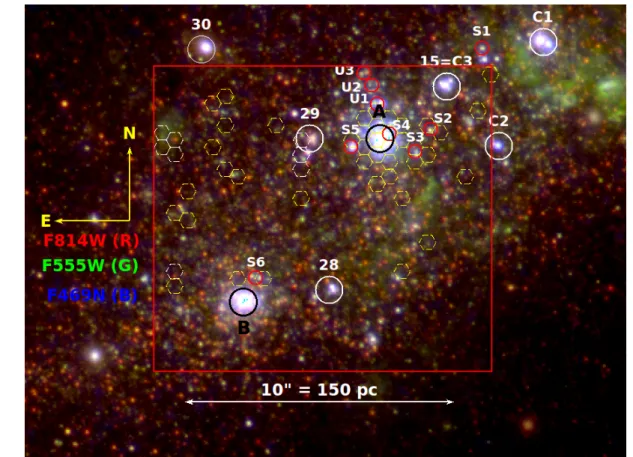 Figure 3. A colour-composite RGB image of the central starburst zone of NGC 1569. The image is formed by combining HST F814W, F555W and F469N band images, as red, green and blue components, respectively