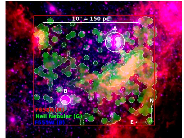 Figure 5. Colour-composite RGB image showing the morphology of the Heii λ4686 nebular emission (white contours englobing green hexagons) with respect to that of the Hα emission (HST F658N-band shown in red) and stellar continuum (HST F555W image shown in b