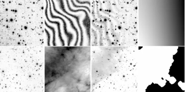 Fig. 2. Examples of added fringes and nebulosities. Top: fringes; uncontaminated input exposure, smoothed fringe pattern, contaminated image, ground truth mask, polynomial envelope