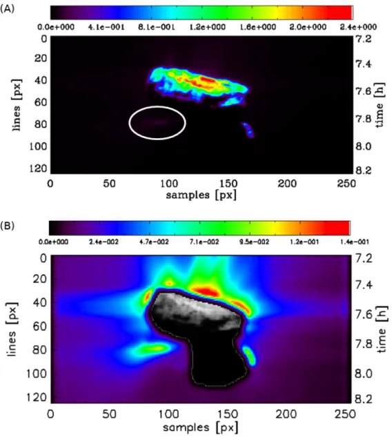 Fig. 2. Radiance at 0.55 µm on VIRTIS-M data cube V1_00395824539 acquired on 2015-07-18