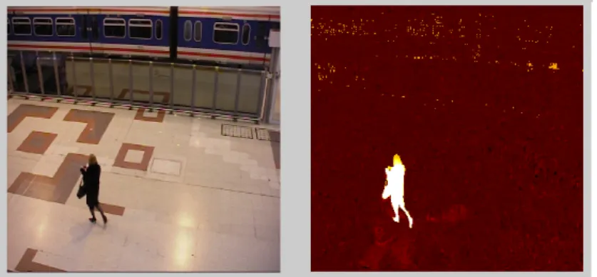 Figure 6.1: Image extracted from the "Walking" sequence with the corresponding soft detection map.
