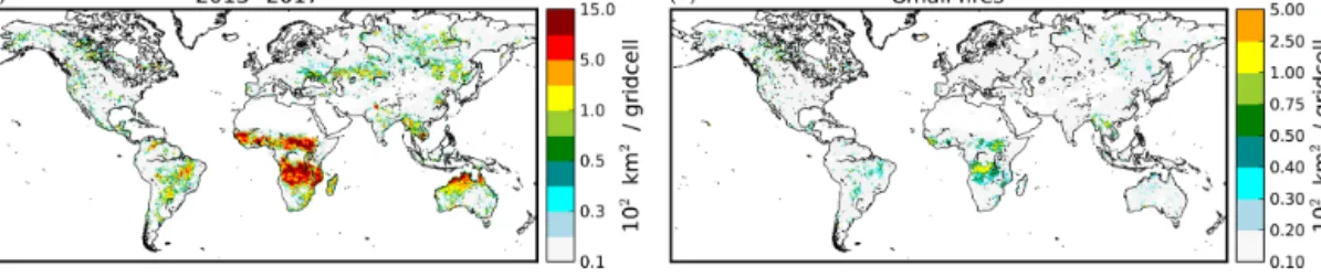 Figure 2. Average yearly burned area during the period 2013–2017 within 0.5 ◦ × 0.5 ◦ grid cells as derived from the MODIS burned area product MCD64 (a) and including small fire contributions from MODIS active fire detection (MOD14) only (b).