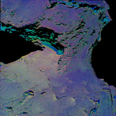 Fig. 11. Comet 67P in proposed RGB colors (R = red/IR, G = green/orange, B = IR/Fe 2 O 3 ) overlaid on a grayscale image for  distinc-tion