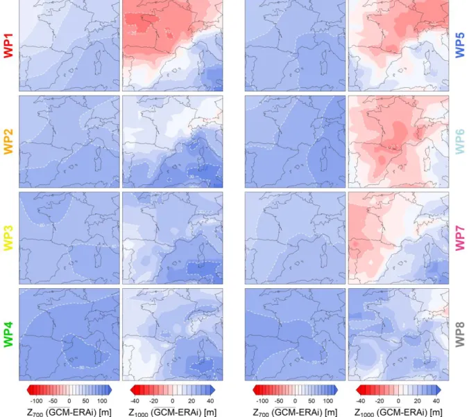 Figure  3:  Z 700  and  Z 1000  geopotential  bias  calculated  for  each  WP  as  the  difference  between  GCM 300 